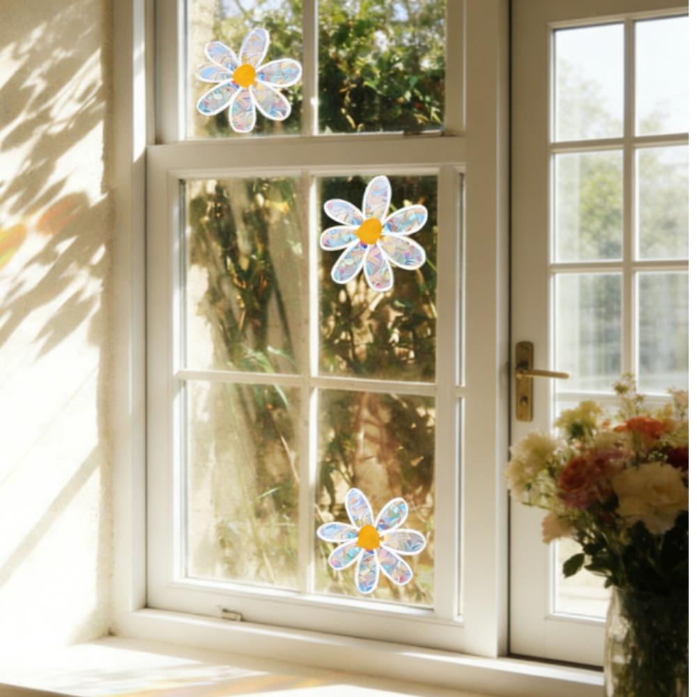 Daisy Flower Static Cling Stickers for Windows and Walls Set of 4 PVC Material Modern Decorative Floral Pattern
