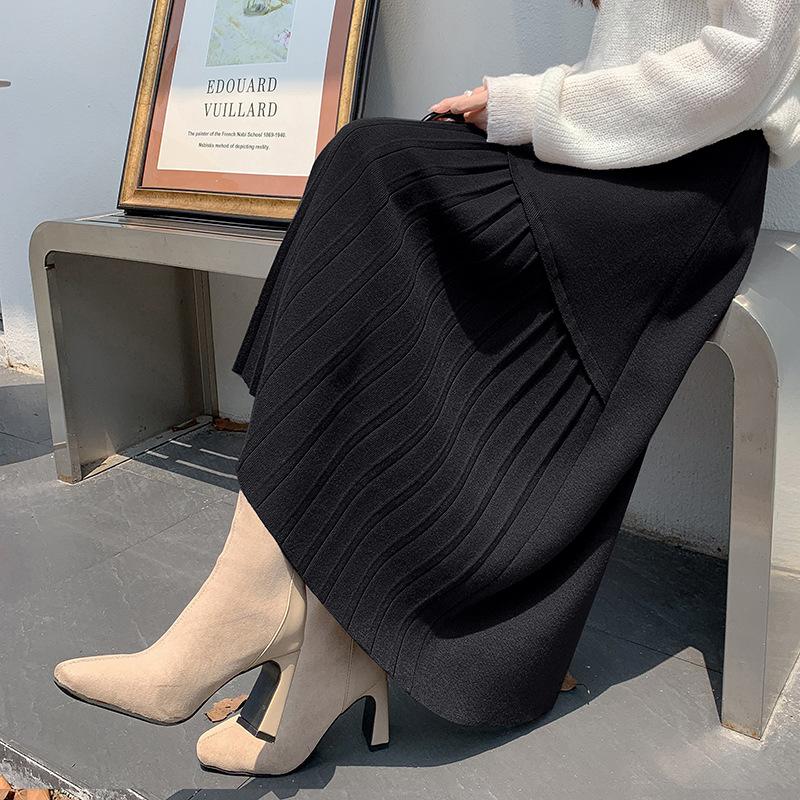 Black Knit Skirt Female Autumn and Winter High Waist A-line Skirt Long Slim Irregular Pleated Skirt
