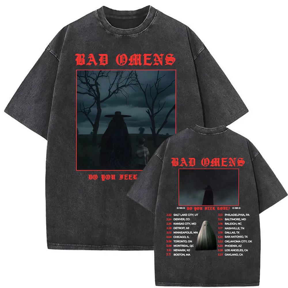 Bad Omens Тур  Do You Feel Love  2026 Винтажная стираная футболка Мужчины Женщины Мода Хип-Хоп Уличная одежда Футболки Летние Топы Свободные Футболки S