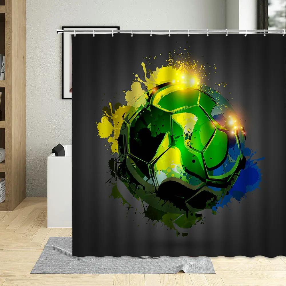 Football Sports Design Shower Curtain, Polyester Fabric, Waterproof, Boys Home Decor, Screens with Hooks, Cartoons Bathroom