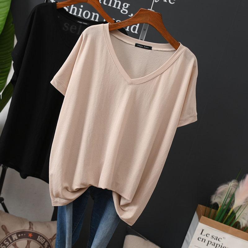 Summer Plus Size V-Neck Short Sleeve Women's T-Shirt - Ice Silk Loose Fit