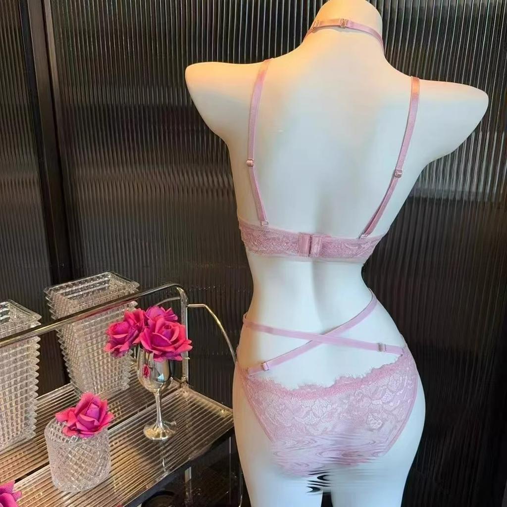 Pink Halter Neck Lace Bra Set Sweetheart Sexy Underwire Push Up Full Coverage Women Bralette