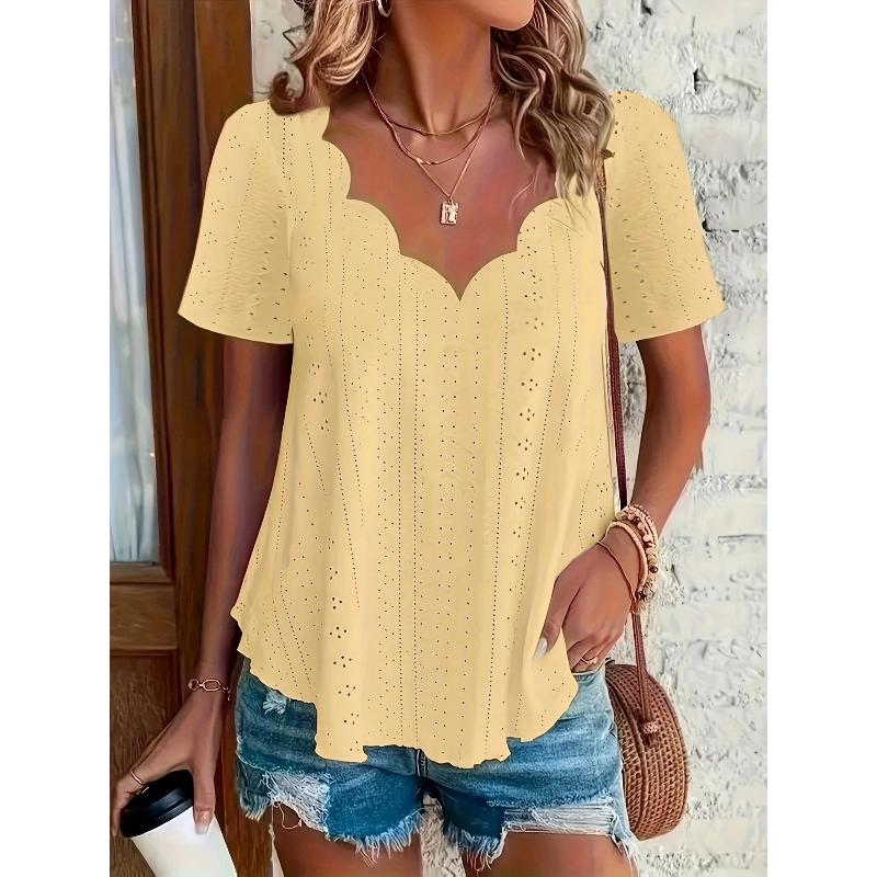 Women's Fashion Blouses Summer Ruffles Loose Hollow Out Tops Casual Solid Colors Wave V-Neck Short Sleeve White Shirts Lady