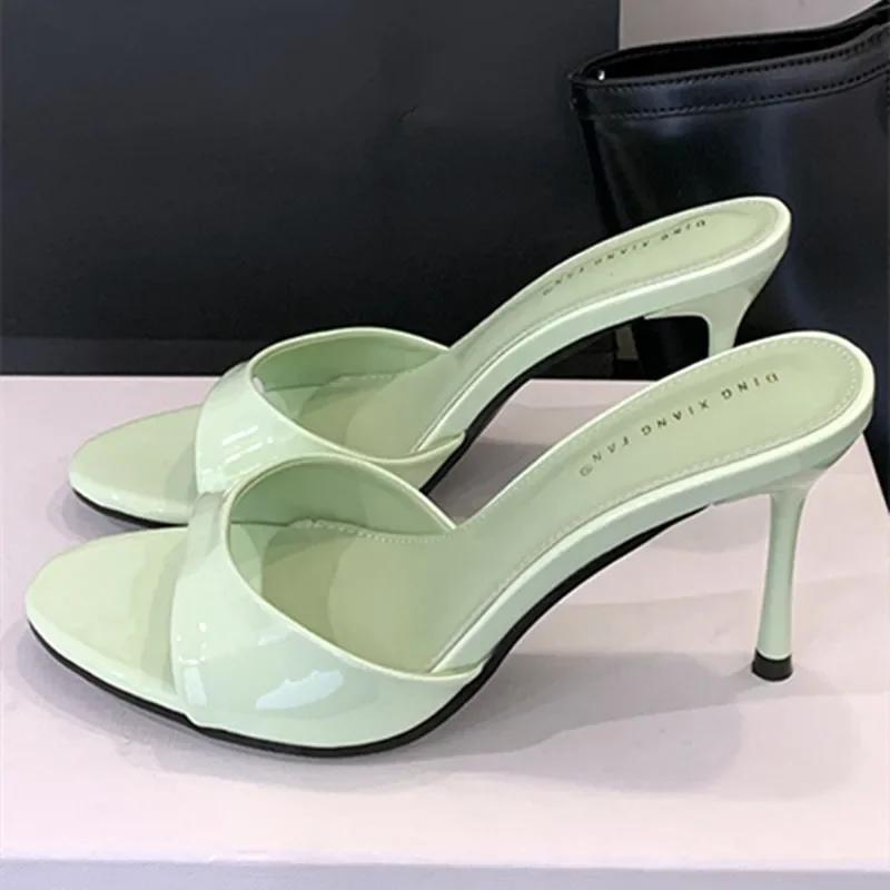 Fashion Fashion Thin High Heeled Slippers Women Sexy Round Toe Open Toe Patent Leather Slide Sandals Summer Elegant High Heels Sandalias
