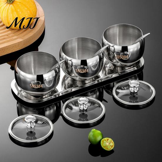 Refillable Condiment Jars 304 Stainless Steel Spice Jar Set, Seasoning Container with Glass Lid & Spoon, Rustproof Kitchen Salt Sugar