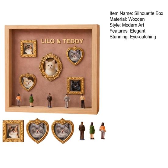 DIY Mini Museum Silhouette Box Personalized Photo Display Shadow Box Frame Kit with Mini Gold Frames Figurines Pet Memorial Gift for Home Bedroom Desk