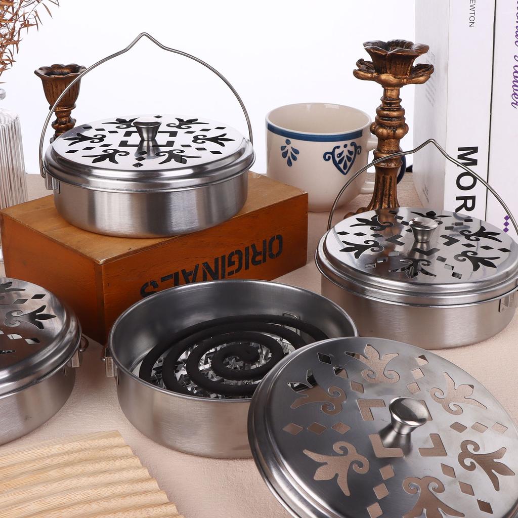4 Pieces Mosquito Coil Holder Portable Mosquito Incense Holder With Handle Round Metal Sandalwood Holder For Home Camping