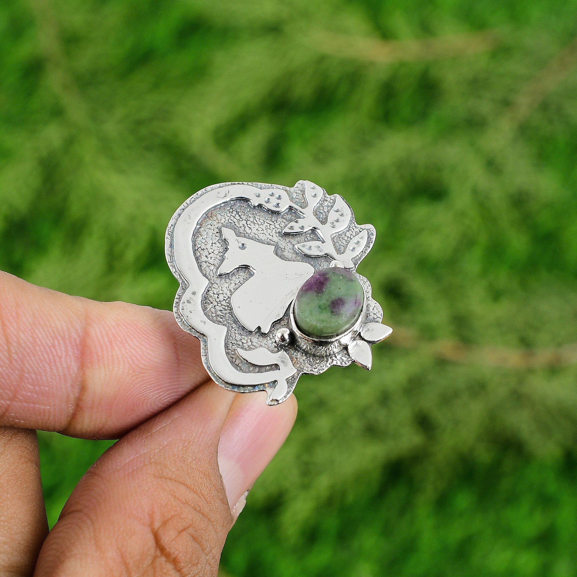 

925 Silver Oval Ruby Zoisite Gemstone Bezel Promise Ethnic Wedding Ring Jewelry Adjustable