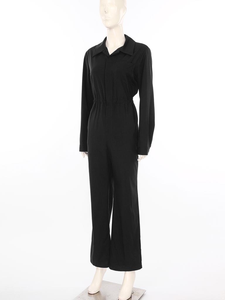 Dámská módní kombinéza s knoflíkovým zapínáním vpředu, ležérní jednobarevná s klasickým límcem a dlouhým rukávem