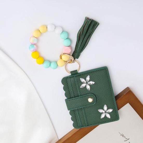 RFID Shielded Card Holder with Rhinestone Flower And Beads Decor Women Wristband Wallet Keychain Faux