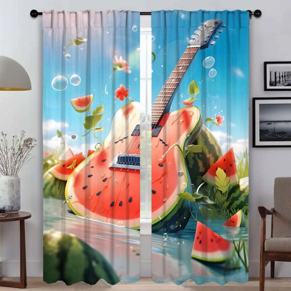 Cortina de janela de guitarra de melancia para sala 2 painéis cortinas anti-mosquito cortinas divisórias decoração de halloween tule para quarto