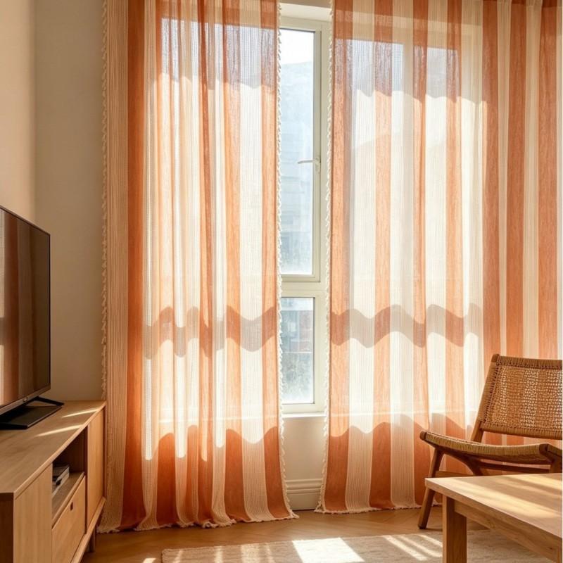 Modern Striped French Style Semi-Sheer Curtain Living Room Balcony Cotton Drapery With Rod Pocket Tassel Trim