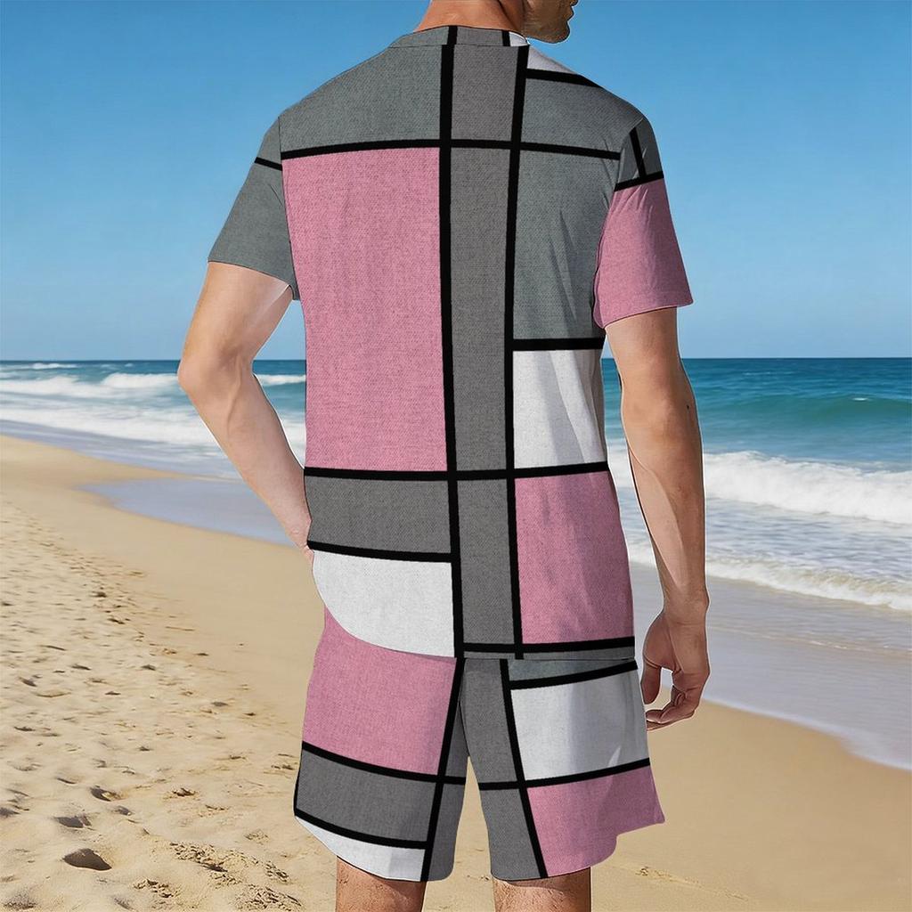 Men Gold White Geometric Triangle 3D Print Short Sleeve Tee And Matching Shorts Two Piece Outfit