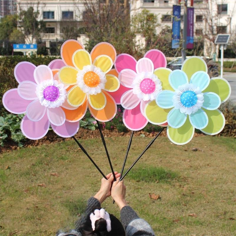 Lawn Decoration Spinner Two Layer Pinwheels with Stakes Eye Catching for Garden
