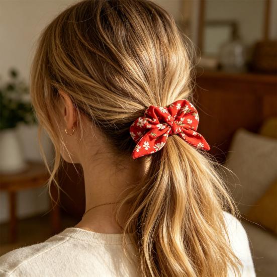 Hair Tie Floral Print Rabbit Ear Decor Hair Rope High Elasticity Bun Half-Tied Hairstyles Ponytail Holder Hair Accessory