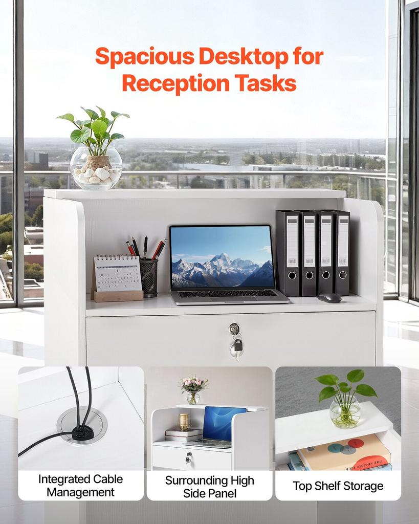 Reception Desk, 60 Cm Rectangular Front Counter Table, Modern Office Reception Desk with Drawer, Small Minimalist Retail Counter Table for Checkout,