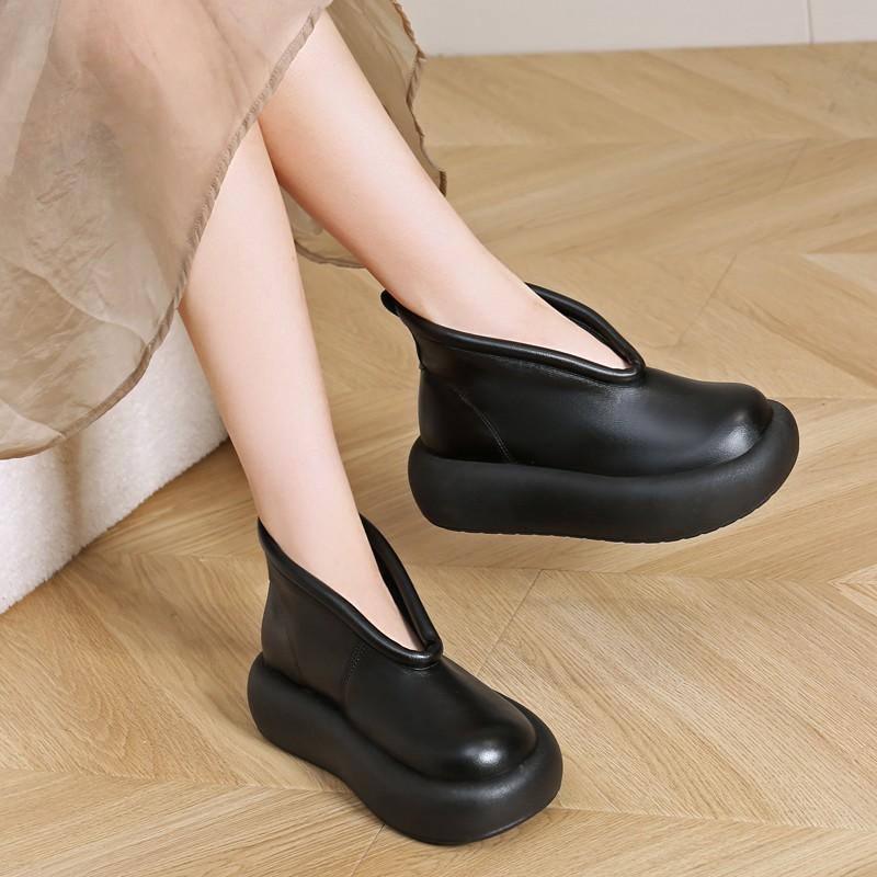 2025 Autumn Women's Fashion Boots Round Toe Platform Sole One Kick Short Boots Retro National Style High Bang Ankle-length Boots
