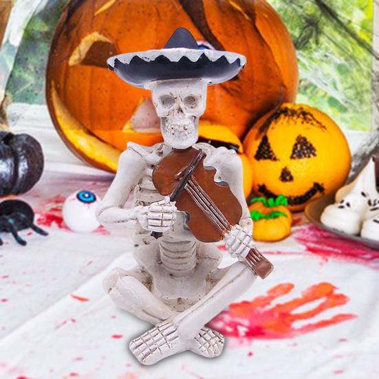 Mini Halloween Skeleton Figurines Resin Guitar/Accordion/Violin Player Skeleton Statue Halloween Collectible Decoration for Home Office Desk Decor