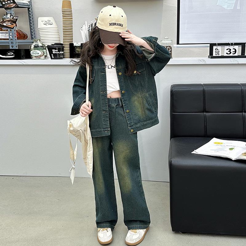 2025 Girls' Fleece-Lined Denim Two-Piece Set - Trendy Autumn/Winter Fashion for Middle and Big Kids