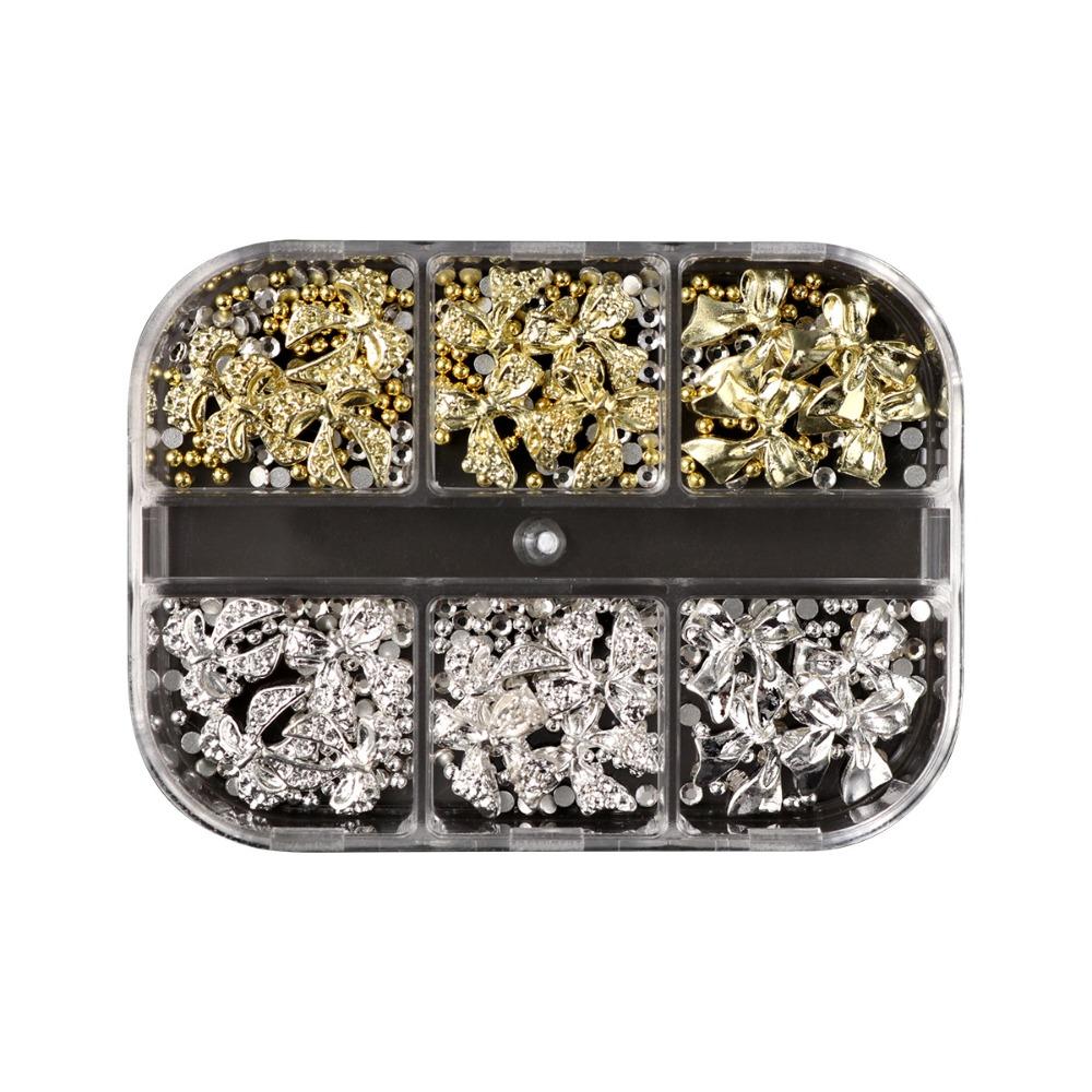 6 Grids Nail Art Decorations Metal Diamond Bow-Knot & Star Shape DIY Nail Decor Punk Style Mixed Designs Nail Charms