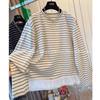 Damen-T-Shirt im koreanischen Stil mit Streifen und Spitzenbesatz, Fake Two-Piece, Langarm