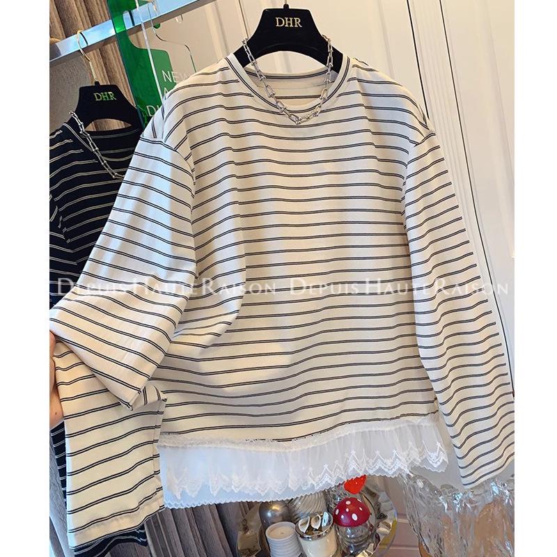 Korean-Style Striped Lace Trim Fake Two-Piece Long-Sleeve Women's T-Shirt