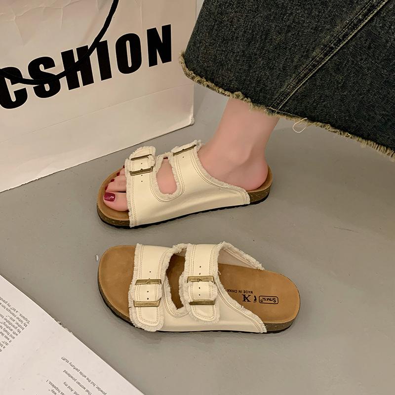 Fashion buckle one-word drag women's summer new versatile cool slippers lightweight muffin slippers