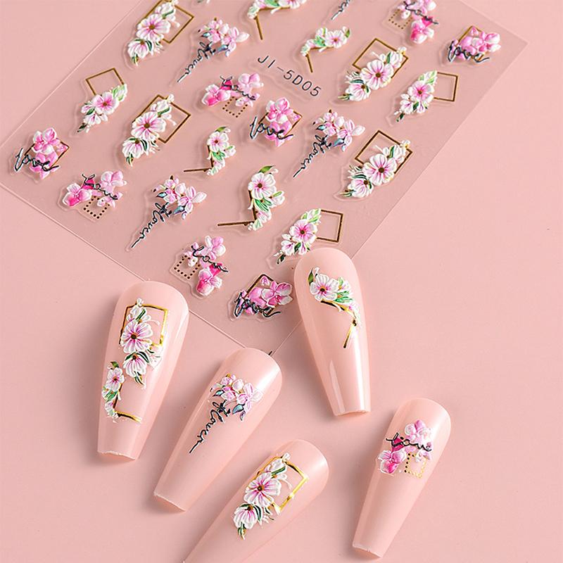 5D Nail Stickers Flowers Heart Shape Decor Acrylic Embossed Slippers Gold Frame Nail Decals Cherry Blossom Manicure
