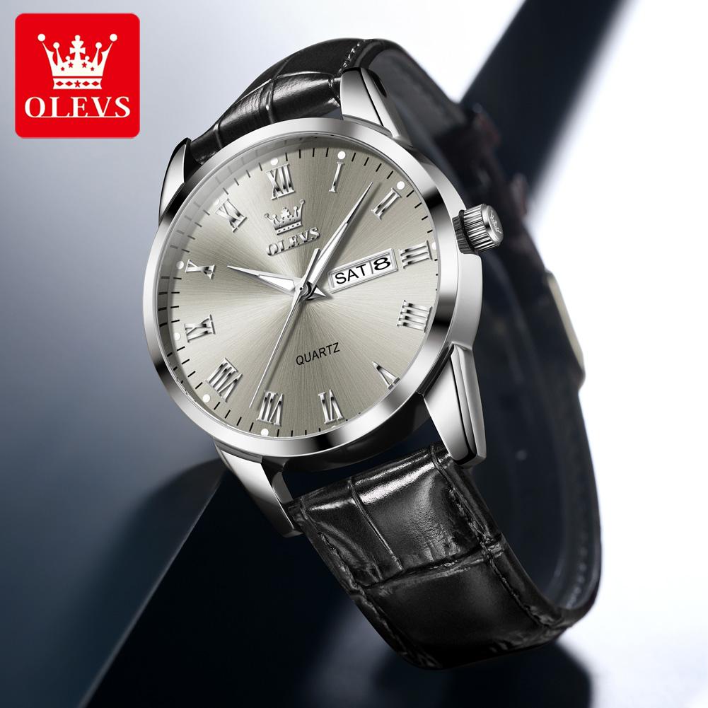 OLEVS Luxury Quartz Watches for Man Original New Leather Strap Roman scale Simple Dual Calendar Men's Business Wristwatches 5892