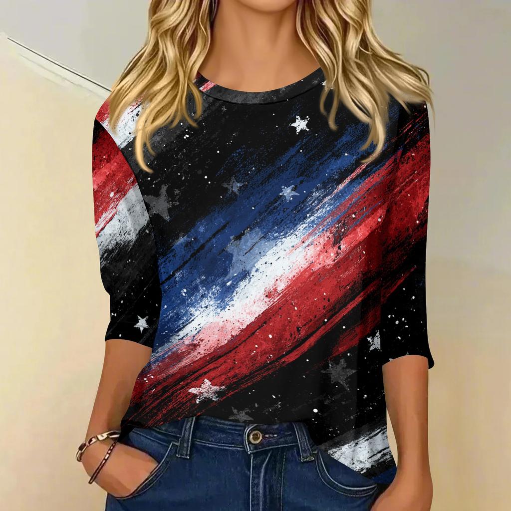 Women's fashionable casual round neck three-quarter sleeve Independence Day printed T-shirt top