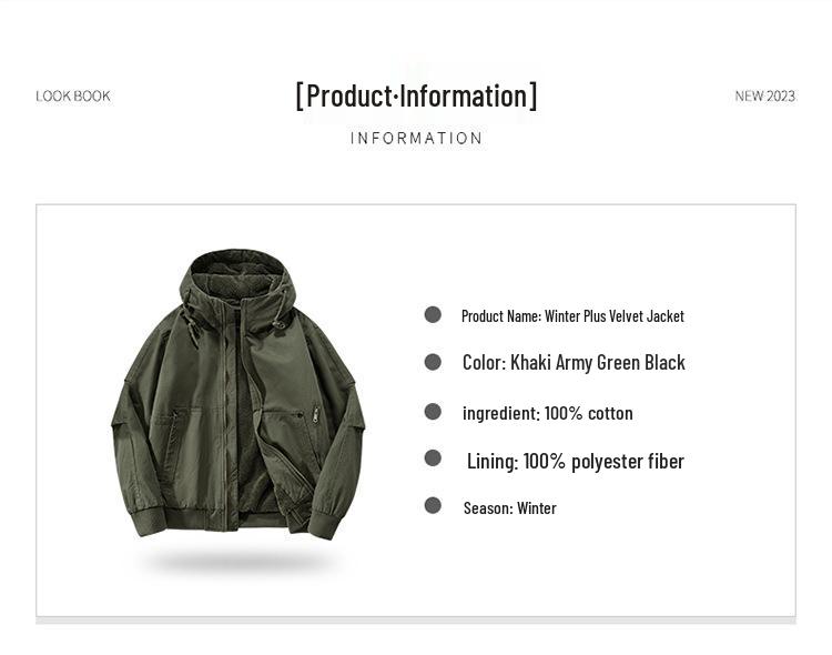 Herren Arbeitsjacke mit Kapuze aus reiner Baumwolle, Herbst/Winter, mit Samtfutter, Verdickt, Lockerer Schnitt, Übergröße, Stil 6836.