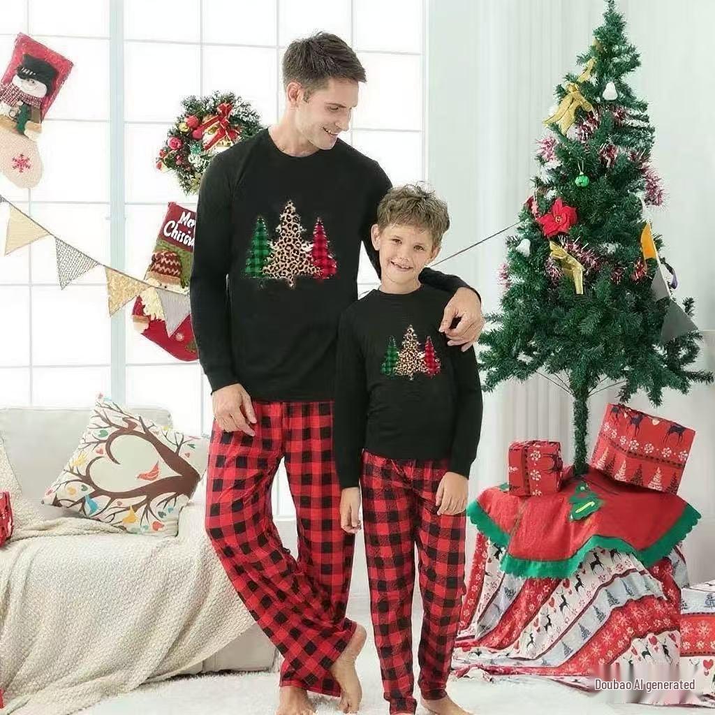 European & American Parent-Child Christmas Plaid Patchwork Loungewear Set