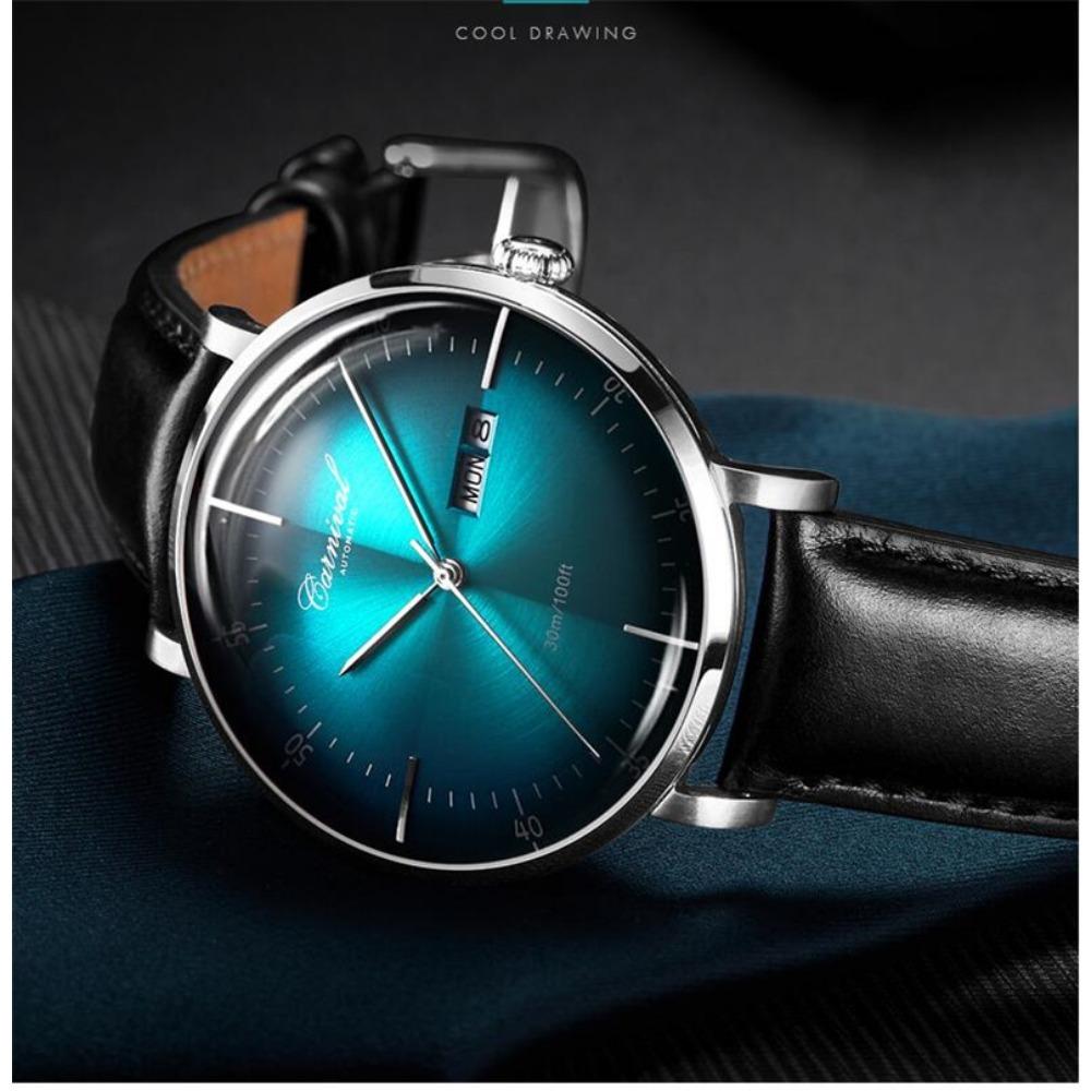 Carnival Marke 3D Gewölbtes Zifferblatt Luxus Automatikuhr für Mann Leder Wochentag Datum MIYOTA Mechanische Uhr Sport-Armbanduhr Männlich