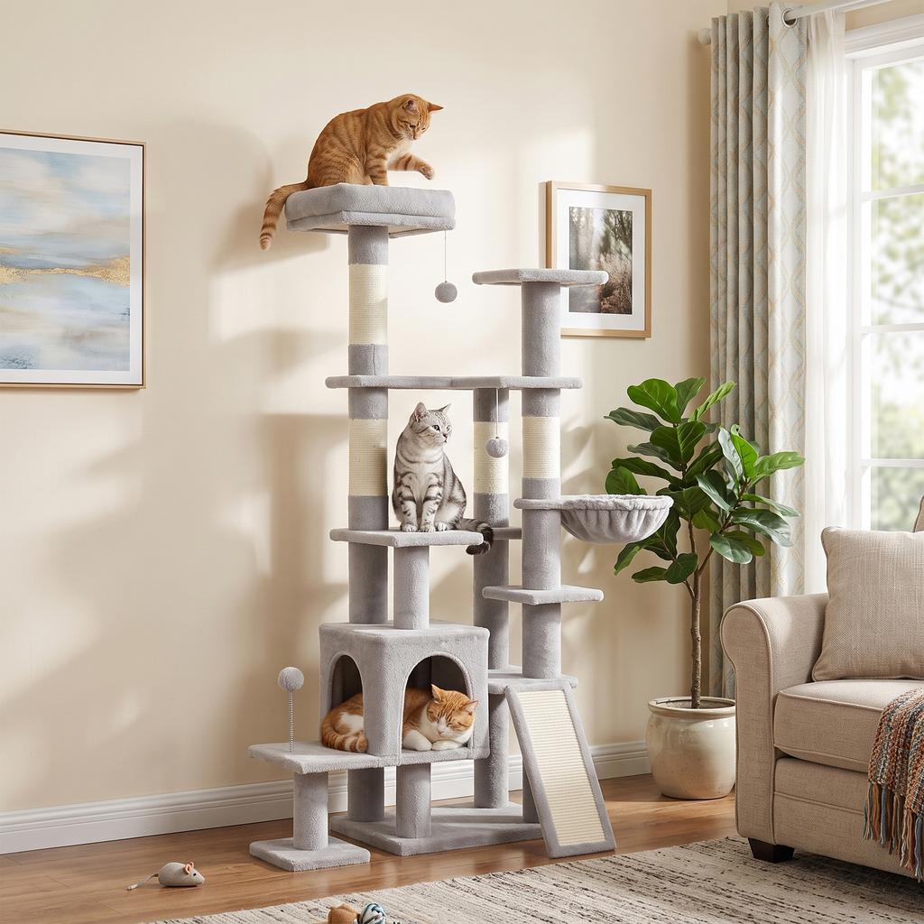 Cat Tree, 5-Level, 152 cm, Cat House, Hammock, Platform, Scratching Posts, Hanging Balls, Light Grey