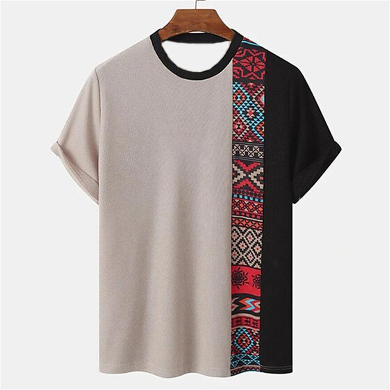 Pánské tričko s kmenovým etnickým vzorem, barevné prošívání, 3D potisk, letní ležérní top s kulatým výstřihem, krátký rukáv, volné tričko