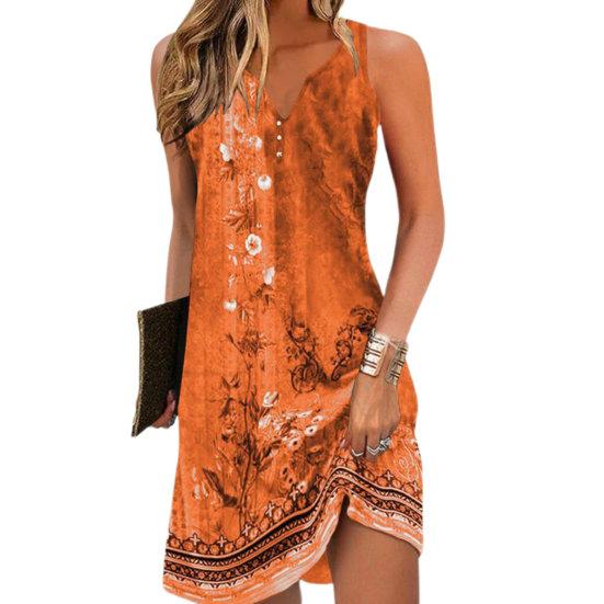 

Женское летнее платье с V-образным вырезом и открытыми плечами без рукавов в стиле ретро с цветочным принтом Свободное трапециевидное мягкое дышащее OL повседневное женское короткое платье Отпускное мини-платье XL оранжевый
