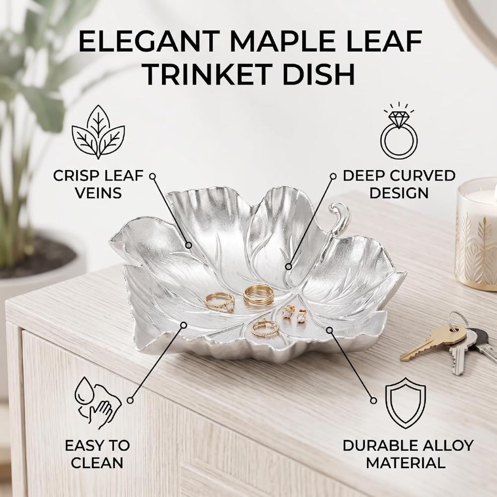 Alloy Trinket Dish Maple Leaf Shaped Metal Jewelry Holder Decorative Jewelry Tray Living Room