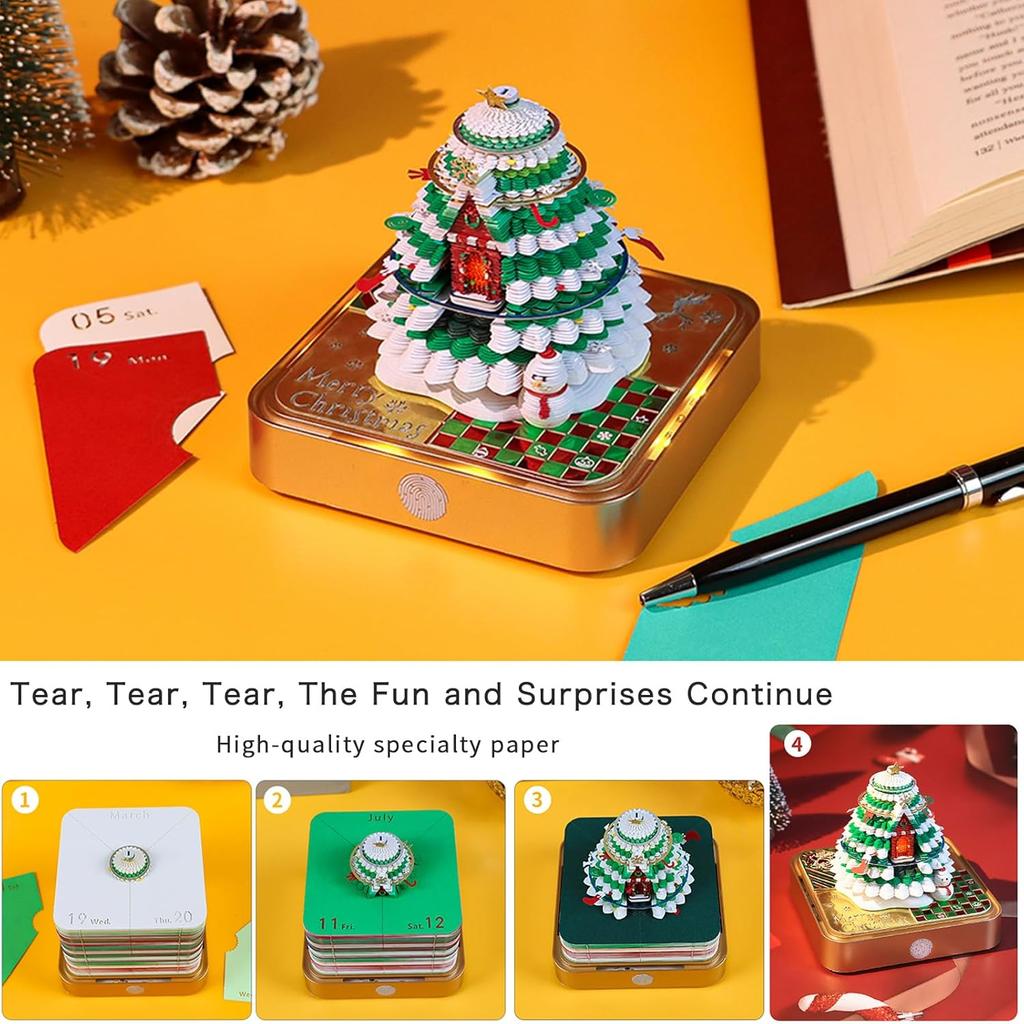 Time Piece Calendar, 3D Art Calendar Memo Pad 2025 Creative Desk Calendar with Light,Christmas Tree Rip Away Paper Carving Memo Pad Art Notepad