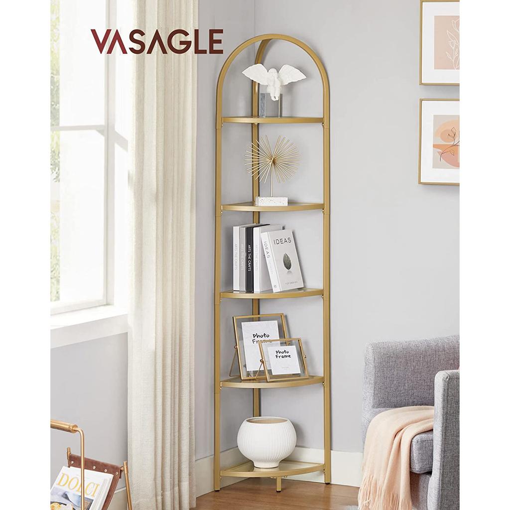 VASAGLE Corner Shelf Stand, 5 Tier Corner Bookshelf, Tempered Glass Shelves, Modern Style, Plant Stand with Steel Frame for Living Room, Bedroom