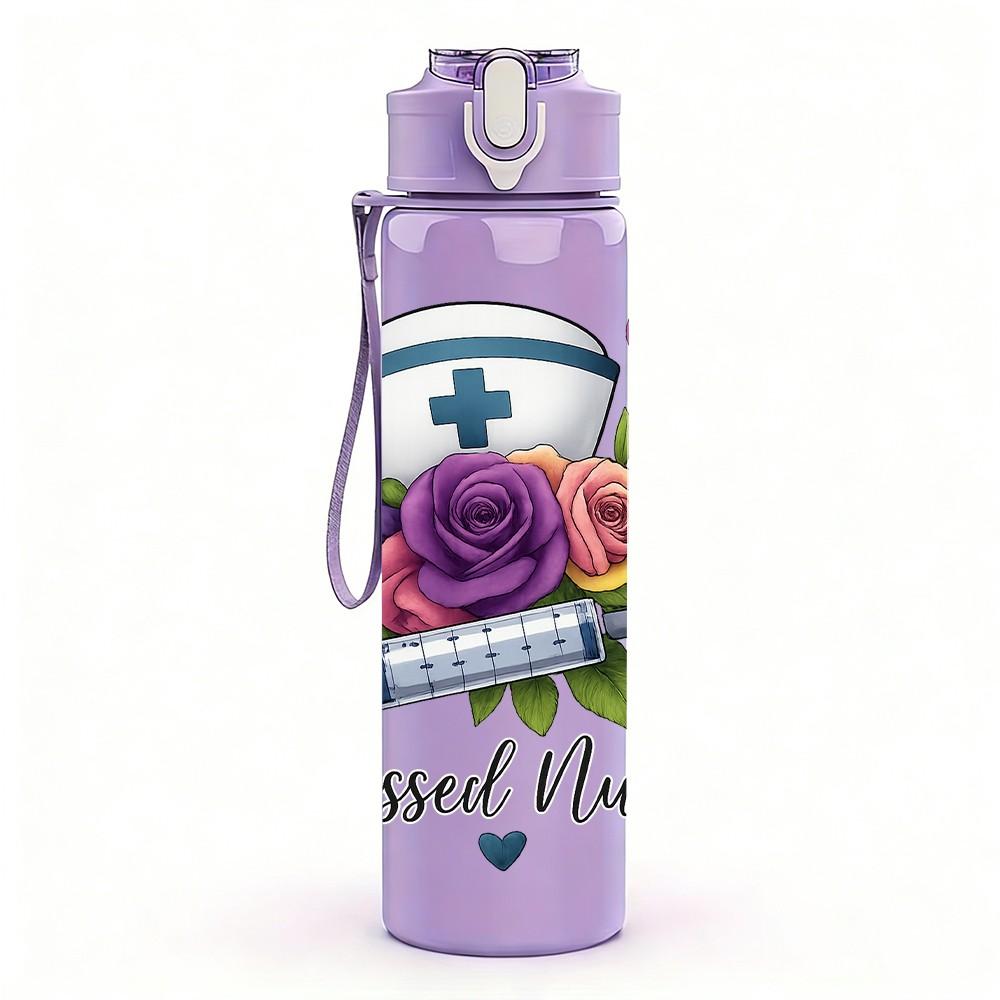 1PC Blessed Nurse Flower Badge 750ml Color Plastic Sports Water Bottle Leakproof Flip Straw Lid Suitable for Sports Office Home Use