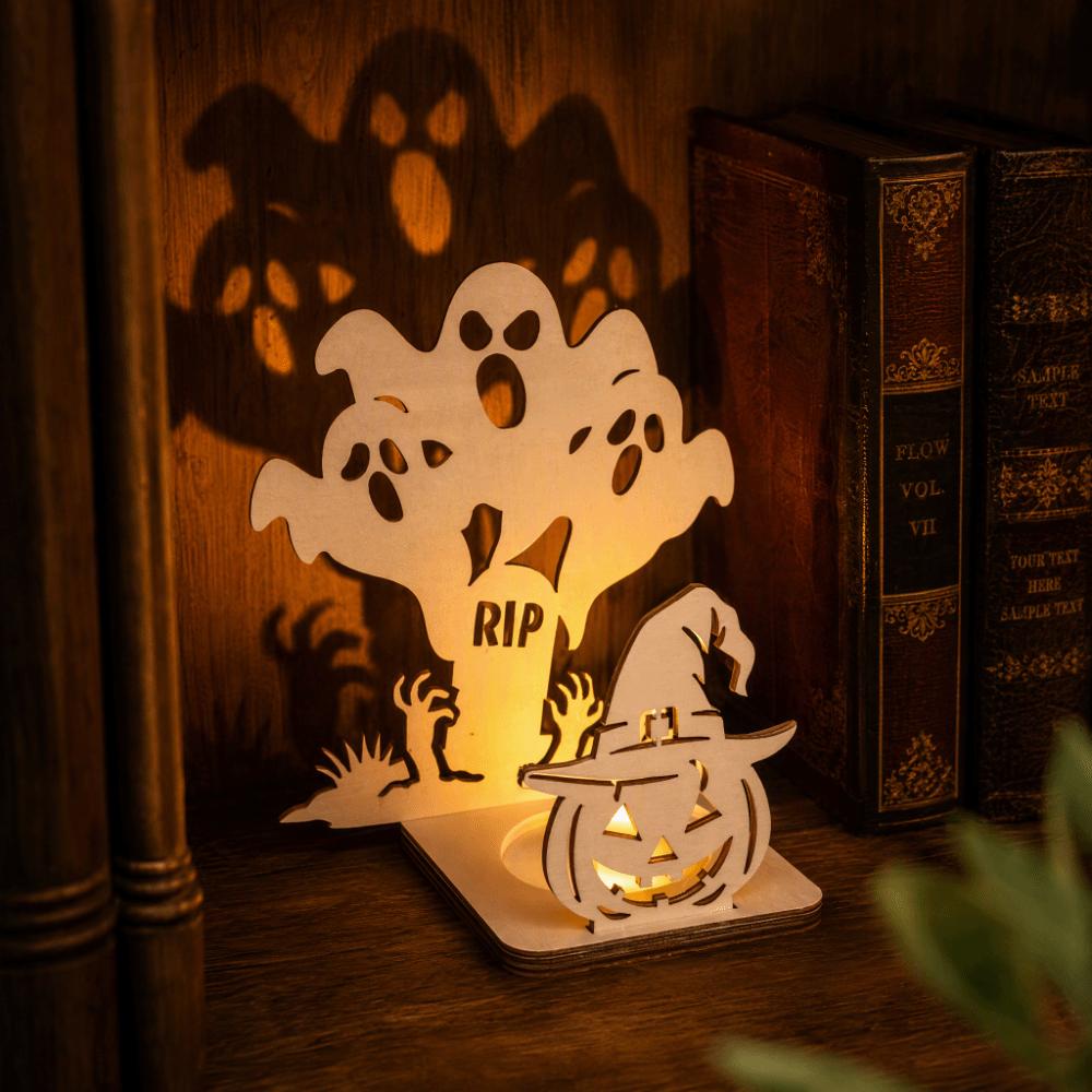 Wooden Material Wooden Candle Holder Shadow Projection Design Halloween Candlestick  Indoor Decor
