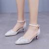 5cm Plus Size Sandals with Thin Pointed White Lace Rhinestone Wedding Shoes with Pearl Bridal Dress Shoe