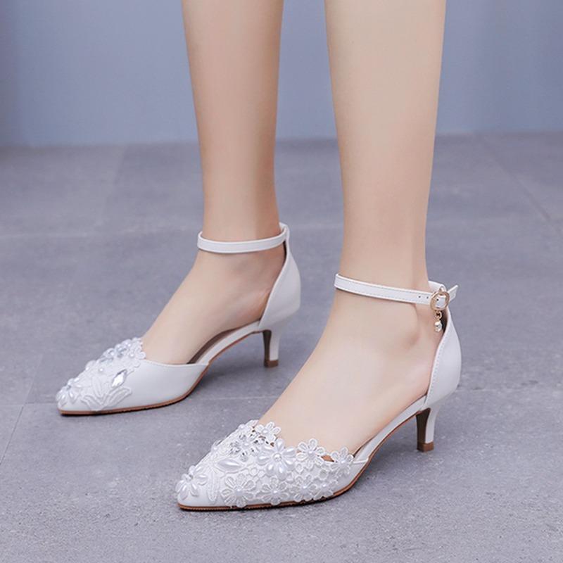 5cm Plus Size Sandals with Thin Pointed White Lace Rhinestone Wedding Shoes with Pearl Bridal Dress Shoe