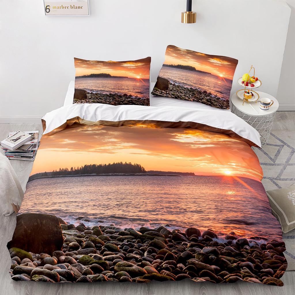 Seaside Scenery Bedding Set Sand Bed Linen Home Decor Single Double Twin Size For Boys Girls Adults Sunset Tree Duvet Cover Set
