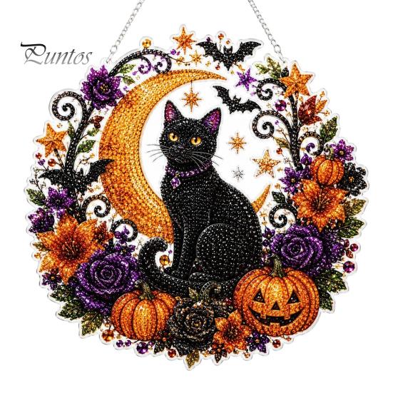 Halloween Party Hängende Dekoration Schwarze Katze Mond Strassstein Malset, Facettierte Kunstkristall-Dekoration, Diamantmalerei DIY Bastel-Fenster für Zuhause für Erwachsene S A