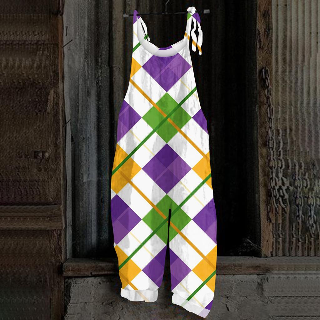 Women's Casual Jumpsuit Sleeveless Carnival Mask Print Loose Retro Overalls Jumpsuit