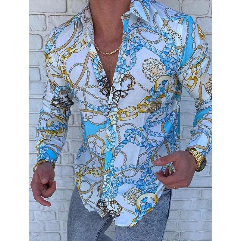 Men's Red Patterned Long-sleeved Shirt Men's Casual Versatile Fashion Street Men's Shirt Lapel Single-breasted Long Sleeve