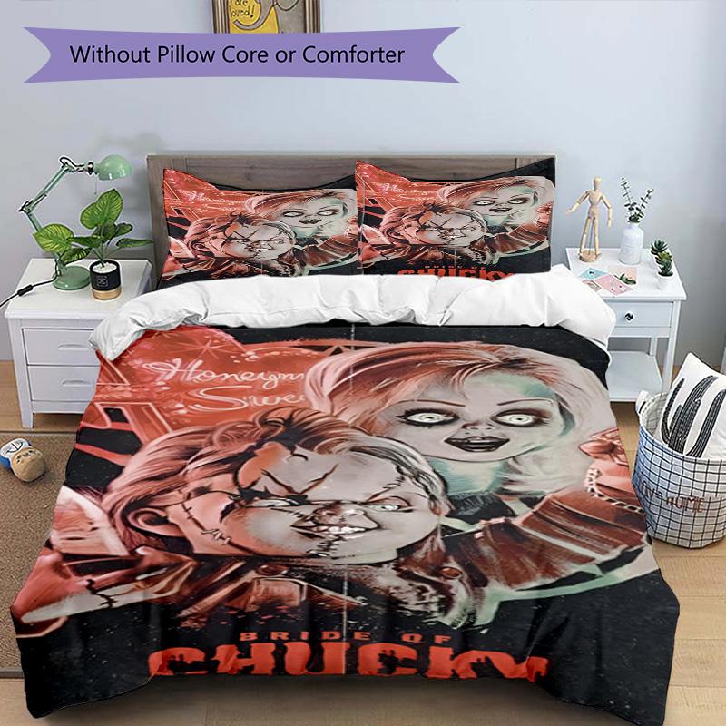 Juego de funda nórdica de 3 piezas (1 funda de edredón + 2 fundas de almohada, sin núcleo), Juego de Ropa de Cama con Estampado de La Novia de Chucky, Decoración de Dormitorio, Todas las Estaciones, Regalo de Cumpleaños