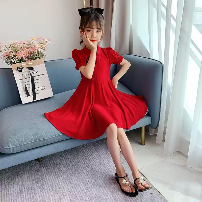 Girls' Summer Dress: Chinese-Style Red Tang-Style Qipao Retro Performance Costume