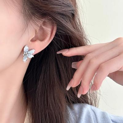 Zircon Crystal Butterfly Stud Earrings Korean Small Fresh and Sweet Earrings Fashionable Exquisite Versatile High-end Earrings